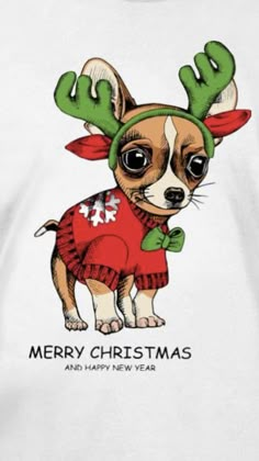 a white shirt with a dog wearing a red sweater and reindeer antlers on it