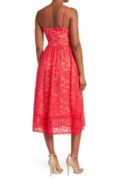 This elegant and feminine midi dress with detailed lace overlay has stretch, making it comfortable to wear all evening long.  45 1/2" length (size S) Adjustable spaghetti straps Zip closure Detailed lace overlay Lined 90% nylon, 10% spandex; lining is 100% polyester Hand wash cold Imported Model stats: 5'10" height, 32" bust, 25" waist, 36" hip. Model is wearing size S. Lace Midi, Lace Midi Dress, Stretch Lace, Lace Overlay, Nordstrom Rack, Spaghetti Strap, Sleeveless Dress, Midi Dress, Hand Wash