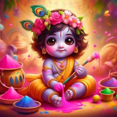 a painting of a baby sitting on the ground in front of some colorful powders