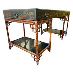 This is a stunning vintage Maitland Smith desk with Chinoiserie painted details throughout. The bamboo bases are leather wrapped and the hardware is all solid brass. It’s in gorgeous vintage shape and ready to shine in its new space! Would be gorgeous as a desk or an entryway table complete with 3 drawers. The hand painted detailing through out is an absolute show stopper. Chinoiserie Entryway, Maitland Smith Furniture, Desk Entryway, Rattan Desk, Rattan Bedroom, Small Entryway Table, Chest Makeover, Bamboo Desk, Leather Top Desk