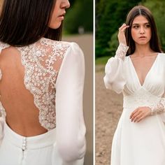 the back of a woman's white wedding dress with long sleeves and lace detailing