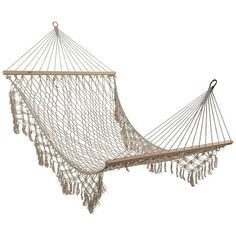 a large hammock with fringes hanging from it's sides and two legs