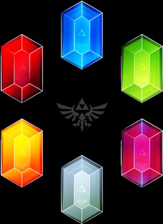 six different colored hexagonals with the legend of zelda logo on them