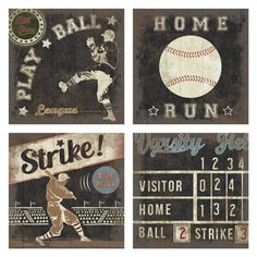 four baseball themed signs are shown in three different colors and sizes, including one for the ball