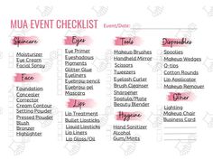 Don't forget a thing! Mark off each item off of your list as you prepare for your event! Makeup Artist Corner, Makeup Artist Estetic, Beginners Makeup Kit List, Makeup Artist Esthetic, Makeup Guide Book, Things For Makeup, Makeup Class Ideas, Diy Planner Binder, Artist Business Plan