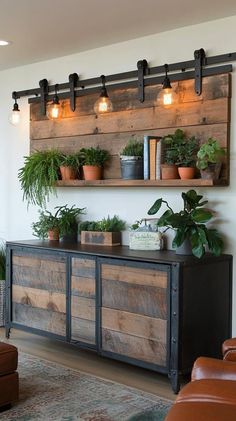 a living room filled with lots of plants on top of a wooden shelf next to a couch