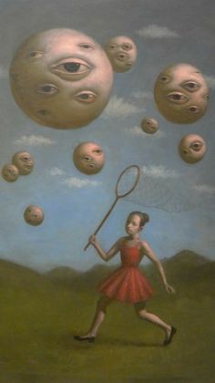 a painting of a woman holding a tennis racquet in front of many faces