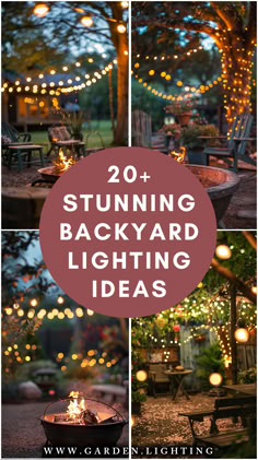 a collage of photos of a backyard with a fire pit and string lights Outdoor Seating Area Lighting, Outdoor Accent Lighting Ideas, Light Up Garden Ideas, Fun Outdoor Lighting, Fairy Lights Patio Outdoor Spaces, Patio Light Ideas Outdoor, Garden Illumination Ideas, Lighting In Backyard, Ways To Light Up Your Backyard