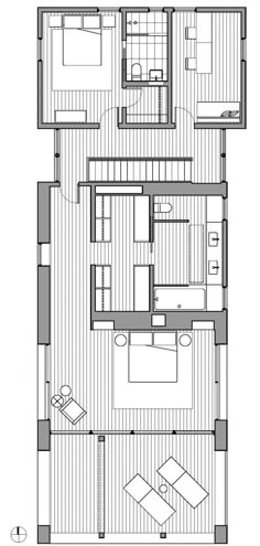 the floor plan for an apartment with two levels and three rooms, including one bedroom