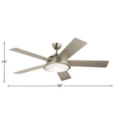 a ceiling fan with a light on it and measurements for the blades in front of it