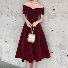 Red Off Shoulder Midi Dress (Elegant) Off Shoulder Midi Dress, Classy Wear, Velvet Evening Dress, Corset Dresses, Midi Dress Elegant, Casual Midi Dress, Color Rush, Dress Velvet, Feminine Women