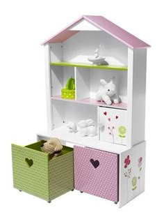 a toy doll house with two drawers and a stuffed animal in the front, on a white background