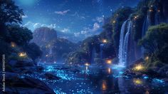 a painting of a waterfall at night with stars in the sky and lights on it