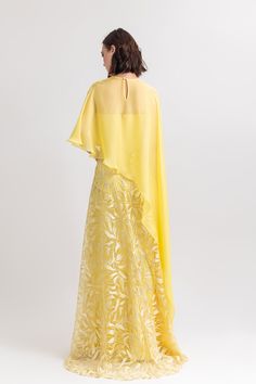 Description Yellow A-line, Long dress Cape shape, Short Sleeves Sweetheart neckline Embroidered lace, Chiffon Dry Clean Evening Dress Made in Lebanon EDSS23 1827LD Marchesa Couture, Yellow Wedding Dress, Chiffon Cape, Dress Cape, Midi Dress Style, Unique Prom Dresses, Lace Chiffon, Long Midi Dress, Cape Dress