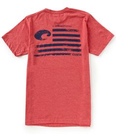 From Costa&#x2C; this tee features:Crew neckline short sleevesCosta logo on front left chestAmerican flag with Costa logo incporporated in graphic on backsquare hemring-spun USA cottonpolyester/cottonmachine washImported. Cotton Crew Neck T-shirt With Flag Print, Casual Short Sleeve Shirt Made In Usa, Casual Crew Neck Shirt Made In Usa, Short Sleeve Tops, Relaxed Fit, Made In Usa, Short Sleeve Cotton Tops Made In Usa, Relaxed Fit Short Sleeve T-shirt With Flag Print, Relaxed Fit T-shirt With Flag Print, Red Short Sleeve Tops Made In Usa, Casual Tri-blend Tops Made In Usa