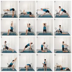 a series of photos showing how to do a chair leg stretch with the help of a trainer