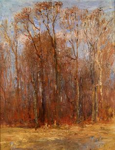 an oil painting of trees in the woods