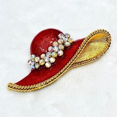 Vintage Red Hat Enameled Brooch W/Crystals. Could Be Worn As A Brooch Or A Pendant. 2.8” Red Rhinestone Brooch For Gift, Red Rhinestone Brooches For Gifts, Formal Red Rhinestone Brooch, Formal Red Rhinestones Brooches, Red Enamel Brooch Pin, Red Enamel Brooch, Red Enamel Brooch For Gift, Red Enamel Brooch Gift, Red Enamel Brooch Jewelry