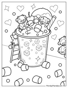 a coloring page with teddy bears in a trash can and hearts on the wall behind it