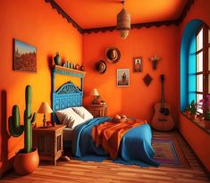 a bedroom with orange walls and blue bedding in the center, cactus decorations on the wall