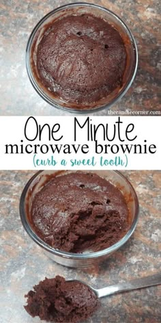 one minute microwave brownie in a glass bowl with a spoon next to it and the other