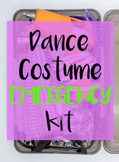 an open suitcase with the words dance costume emergency kit