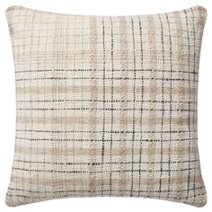 a beige and black plaid pillow on a white background