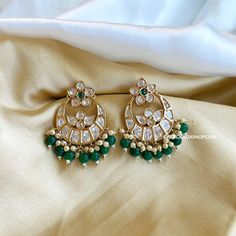 Green Tayani Premium gold plated Beads Chandbali Earrings. Gold Earrings With Latkans And Round Beads, Festive Bollywood Style Earrings With Round Beads, Bollywood Style Round Bead Earrings For Festive Occasions, Festive Earrings With Gold Beads, Festival Chandbali Earrings With Dangling Beads, Traditional Gold Chandbalis With Dangling Beads, Festive Green Round Bead Earrings, Bollywood Chandbali Earrings With Dangling Beads, Festive Gold Chandbalis With Dangling Beads