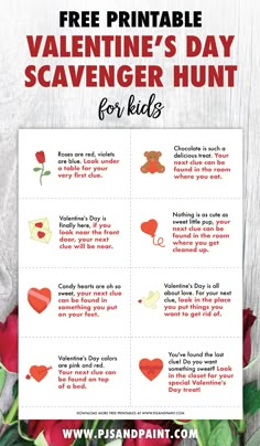 valentine's day scavenger hunt for kids with free printables on it