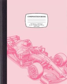 a pink book with a drawing of a racing car on it's front cover