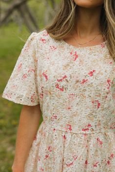 Get ready to charm in the Brooks Dress-Ivory Rose! Featuring a keyhole button closure, round neckline, and eyelet over a floral pattern, this dress is perfect for any occasion. With short sleeves and a scalloped hem on the skirt, you'll be both stylish and comfortable. Say yes to this playful and unique dress! *Fitted bust; flowy* Material Content: 100% Polyester // Lining: 100% Polyester Material Pattern: Eyelet // Floral Bryn is 5’1” and wearing a small Model Measurements: Bryn: Height: 5’1” / Tea N Rose Dress, Sunday Dresses, Dusty Rose Dress, Unique Dress, Dress Fitted, Dress Dusty, Dreamy Dress, Church Outfits, Say Yes