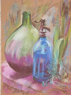 a pastel drawing of two vases on a table