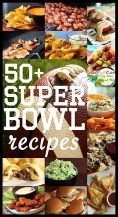 the cover of 50 super bowl recipes with pictures of different food items and words on it