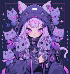 an anime character with many cats around her