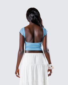 Sleek in the front, sexy in the back 💙 Made from jersey fabric, complete with a cap sleeve, regular length, low open back, and form-fitting style - this blue backless top is perfect for casual days, nights out, and everything in between 😍 White Corset Dress, Yellow Mini Dress, Chain Dress, Black Off Shoulder, White Corset, Backless Top, Sequin Mini Skirts, Pink Sequin, Sequin Mini