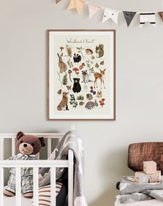 a baby's room with a teddy bear and other animals on the wall