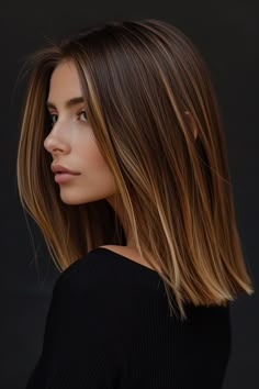 Honey Blonde Highlights Straight Hair, Brunette With Highlights Straight Hair, Honey Brown Balayage Medium Length, Honey Brown Balayage Straight Hair, Hair Highlights Straight, Gold And Brown Hair, Straight Brown Hair With Highlights, Medium Length Hair Balayage, Brunette Balayage Hair Straight