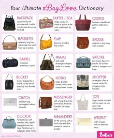 Handbag Styles Chart, Types Of Purses Handbags, Purse Types Style, Types Of Bags With Names, Iconic Bags Handbags, Purse Types, Purse Shapes, Handbag Types, Accessories Design Sketch