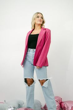 This matte faux leather jacket features a classic collared and button front fit with a slim tailored shape. Our has the look and feel of real leather and it's incredibly soft and supple, so it hangs well. Pair this easy blazer over dresses or with dress pants, or dress it down with jeans. Also available in black! runs true to size with a boyfriend cut you will love the pinstripe satin lining has some stretch model, Jordan is wearing a size small Trendy Pink Blazer With Notch Lapel, Trendy Fitted Leather Jacket With Lapel Collar, Fall Pink Blazer With Lapel Collar, Pink Fall Blazer With Lapel Collar, Pink Lapel Collar Blazer For Fall, Trendy Leather Jacket With Lapel Collar For Spring, Single Button Long Sleeve Leather Jacket For Fall, Single Button Leather Jacket With Long Sleeves For Fall, Spring Fitted Faux Leather Blazer