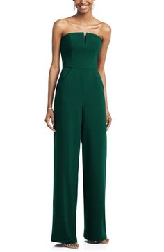 A winning option for formalwear with less fuss, this crepe jumpsuit features a strapless neckline as well as wide legs and a pleated front for a flowing look. 54 1/2" length (size 8) Hidden back-zip closure Strapless neck Sleeveless Wide-leg pants Lined 100% polyester Machine wash, line dry Imported Special Occasion and Wedding Suite Green Jumpsuit Outfit, Jumpsuit Outfit Wedding, Fancy Jumpsuit, Jumpsuit For Wedding Guest, Dessy Collection, Coverall Jumpsuit, Evening Jumpsuit, Crepe Jumpsuit, Outfits Dressy