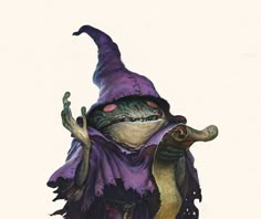 a watercolor painting of an evil looking creature wearing a purple cloak and holding his hands up