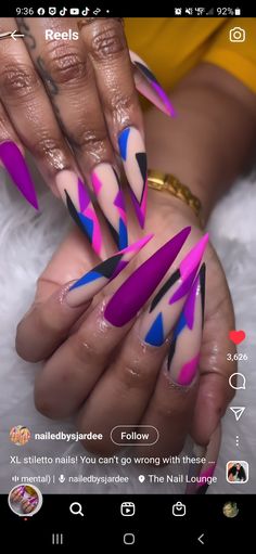 Nail Trends 2023 Spring Summer, 2 Finger Nail Design, Stiletto Nails Designs Spring, Crazy Stilleto Nails, Crazy Nail Designs Creative, Crazy Acrylic Nails Designs, Hippy Nail Designs, Stilleto Nails Designs Summer, Neon Stiletto Nails Summer