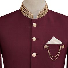 Description "Dreaming is another way of seeing the beautiful colors of life" This beautiful maroon prince coat with gold micro enamelling is perfect for any special occasion. Crafted from a luxurious blend of fabrics, this stylish coat features six golden brass buttons, double flapped pockets with welt pockets, and a rounded hem. The gold chain brooch and white pocket square add an extra layer of sophistication, making this coat perfect for any formal event. The coat's intricate details and intr Elegant Ceremonial Suits With Gold Embroidery, Luxury Formal Blazer With Gold Embroidery, Elegant Formal Blazer With Gold Embroidery, Luxury Ceremonial Suits, Elegant Bandhgala With Gold Embroidery, Festive Gold Suit With Gold Embroidery, Gold Suit With Gold Embroidery For Festive Occasions, Gold Suits With Gold Embroidery For Wedding, Elegant Ceremonial Suits