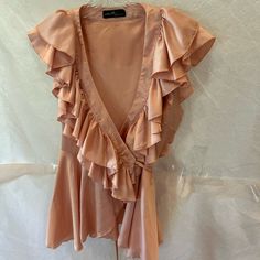 On Twelfth Ruffled Blouse; Wraps Around And Ties; Pink; Size L; Bust 36" Measured Armpit To Armpit; Length From Shoulder 26"; 100% Polyester V-neck Ruffle Blouse For Night Out, V-neck Party Top With Ruffle Hem, Chic Tops With Ruffle Hem For Night Out, Spring Ruffle Hem Top For Night Out, Ruffle Hem Tops For Spring Night Out, Ruffle Hem Top For Night Out In Spring, Flirty V-neck Blouse With Ruffles, Flirty V-neck Ruffle Blouse, Flowy V-neck Top With Ruffles