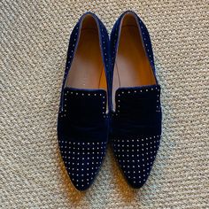 These Are Gorgeous Blue Velvet Loafers With Silver Studs. Leather Insides. They Look Fantastic With Just About Everything. I Particularly Like Them With A Cropped Suit Or Jeans. Comes With Original Shoe Bag. They’re In Very Good Condition - Some Scuffs And Small Dents On The Soles And Some Markings On The Velvet (See Photos For Details). I’ve Worn Them A Handful Of Times, Mostly Inside. ~Non-Smoking Home~ Blue Slip-on Loafers For Fall, Elegant Blue Flats For Workwear, Elegant Blue Flats For Work, Formal Blue Flat Loafers, Designer Blue Loafers For Work, Blue Pointed Toe Flats For Formal Occasions, Blue Flat Loafers For Fall, Designer Blue Loafers For Galas, Cropped Suit