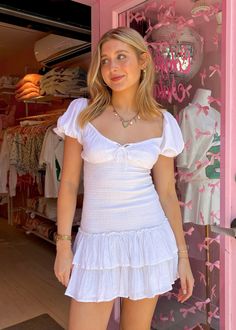 Laisie White Layered Mini Dress Layered Mini Dress, Dress With Puff Sleeves, Long Sleeve Outerwear, Crop Top Sweatshirt, Slipper Socks, New Tops, Tiered Skirt, White Mini Dress, Jean Leggings