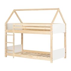 a wooden bunk bed with a white top and bottom shelf underneath it, against a white background