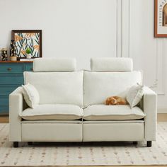 a dog laying on top of a white couch next to a blue dresser in a living room