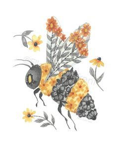 a painting of a bee with flowers and leaves