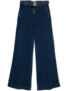 medium blue cotton blend stretch-design denim detachable belt logo-buckle detail two diagonal pockets to the sides two rear welt pockets wide leg concealed front button, hook and zip fastening